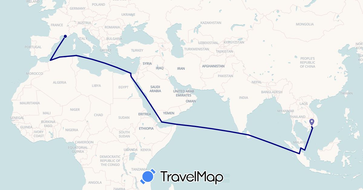 TravelMap itinerary: driving in Algeria, Egypt, France, Indonesia, Sri Lanka, Malaysia, Singapore, Somalia, Tunisia, Vietnam, Yemen (Africa, Asia, Europe)